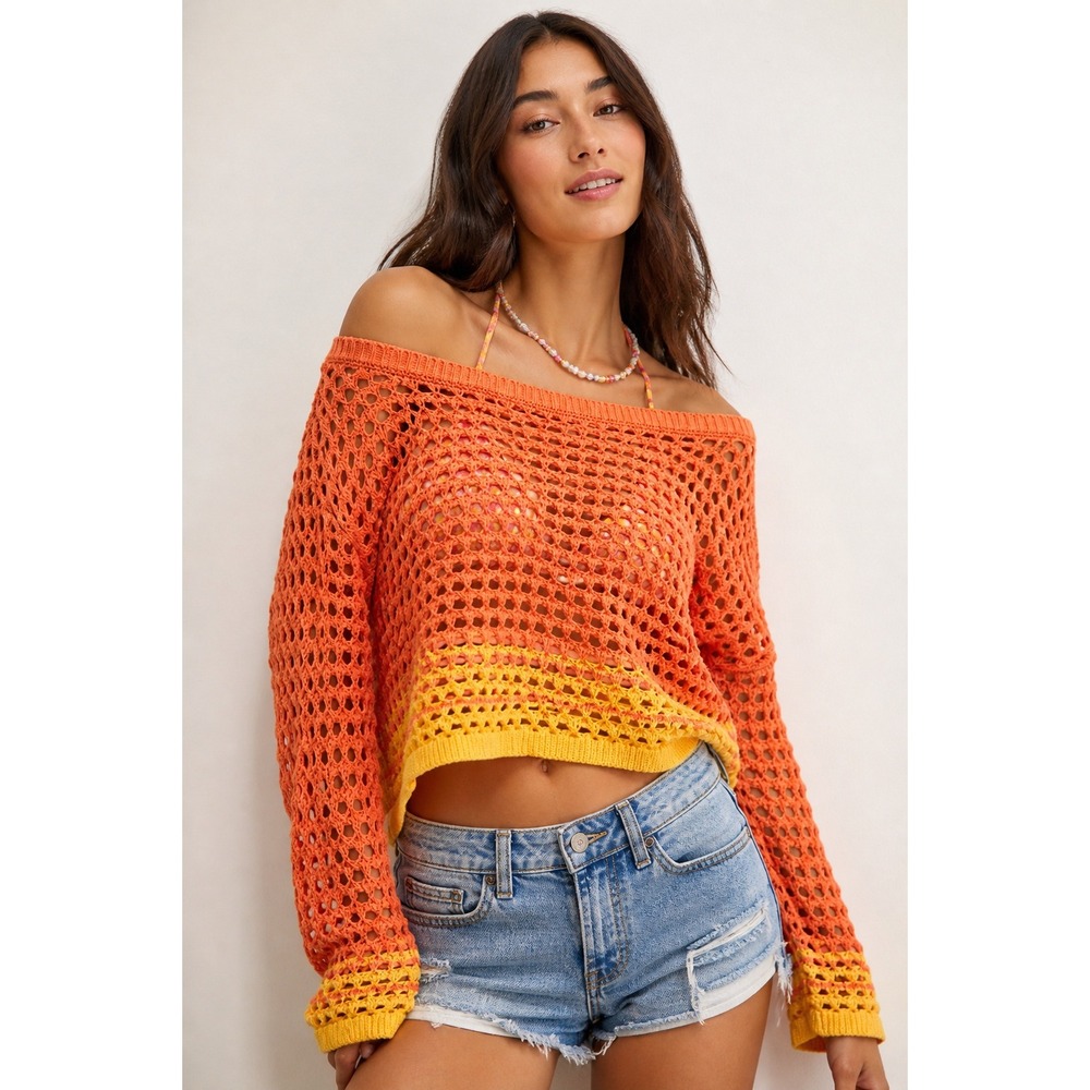Aerie Crochet Sweater Boho Festival Beach Mesh Orange Yellow Size Medium